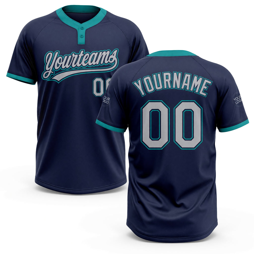 Custom Navy Gray-Teal Two-Button Unisex Softball Jersey