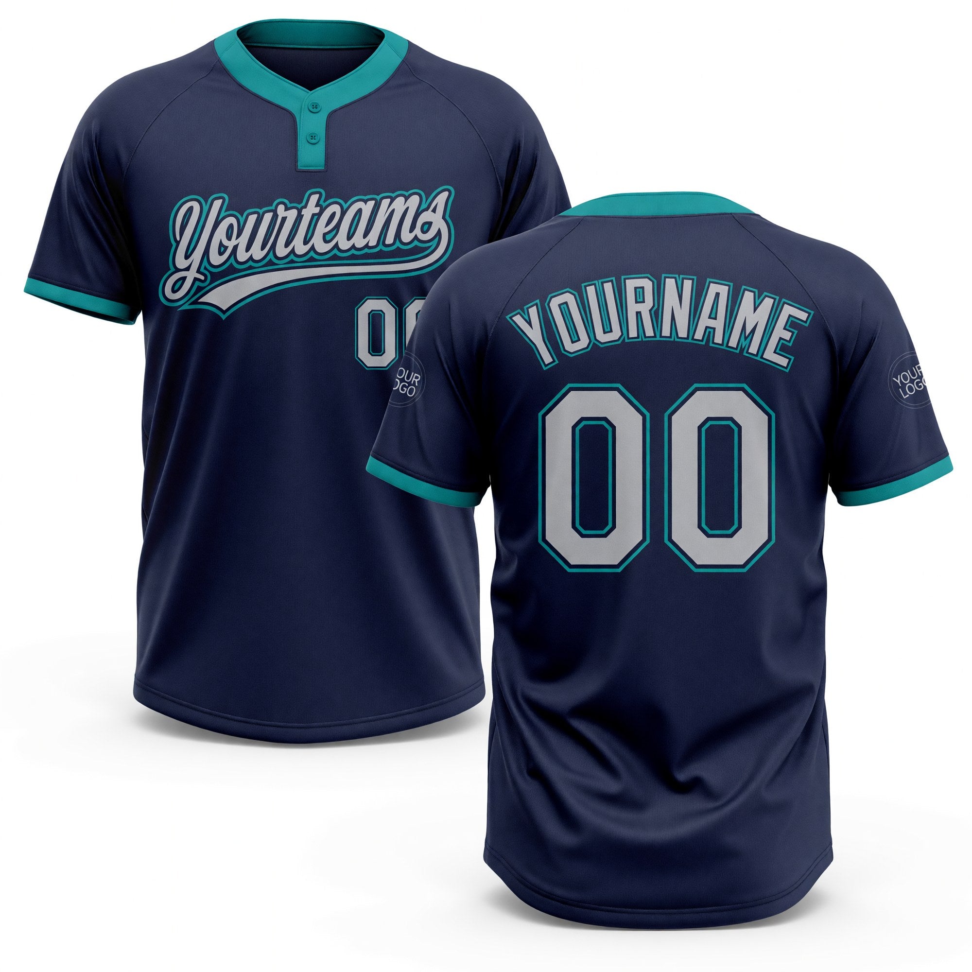 Custom Navy Gray-Teal Two-Button Unisex Softball Jersey