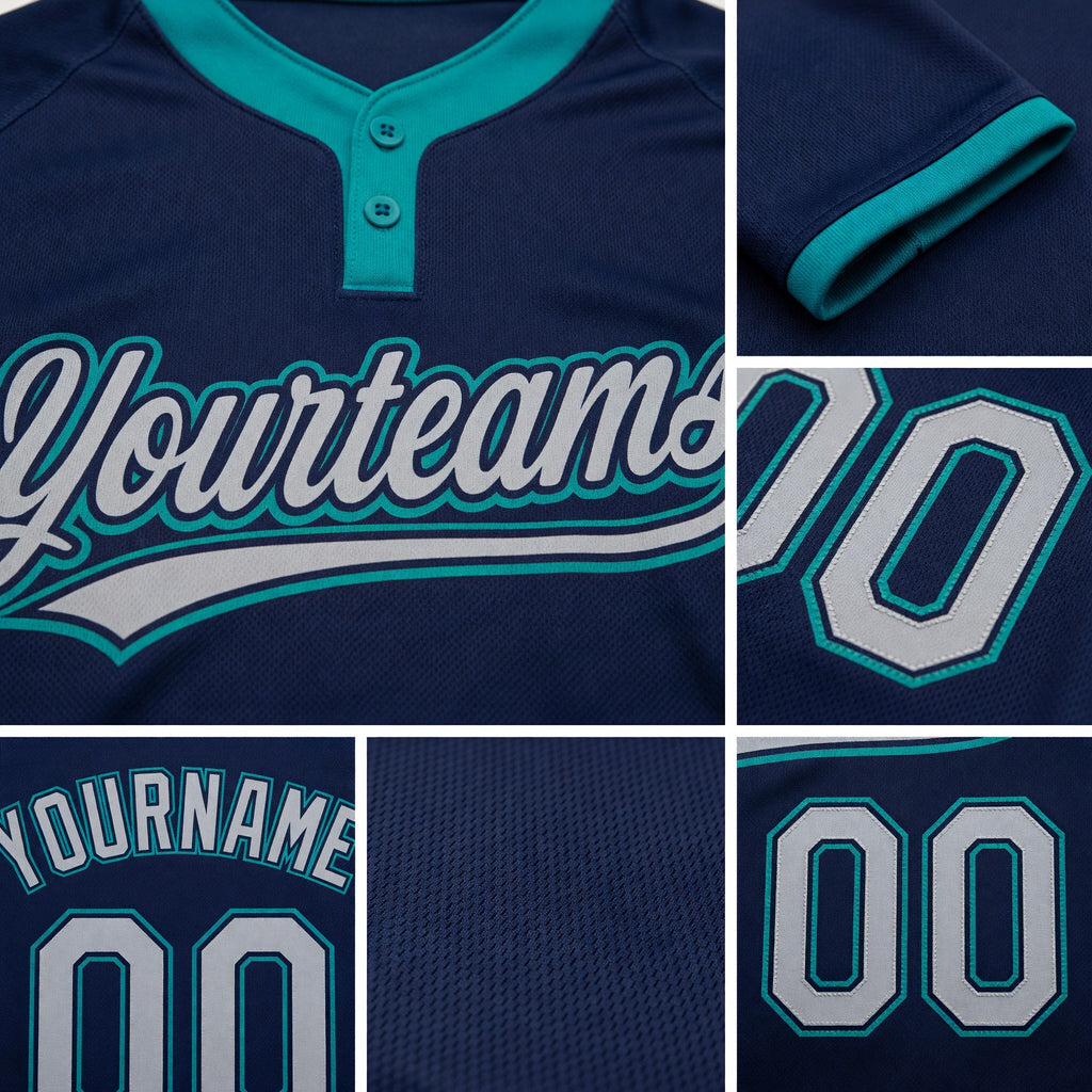 Custom Navy Gray-Teal Two-Button Unisex Softball Jersey detail