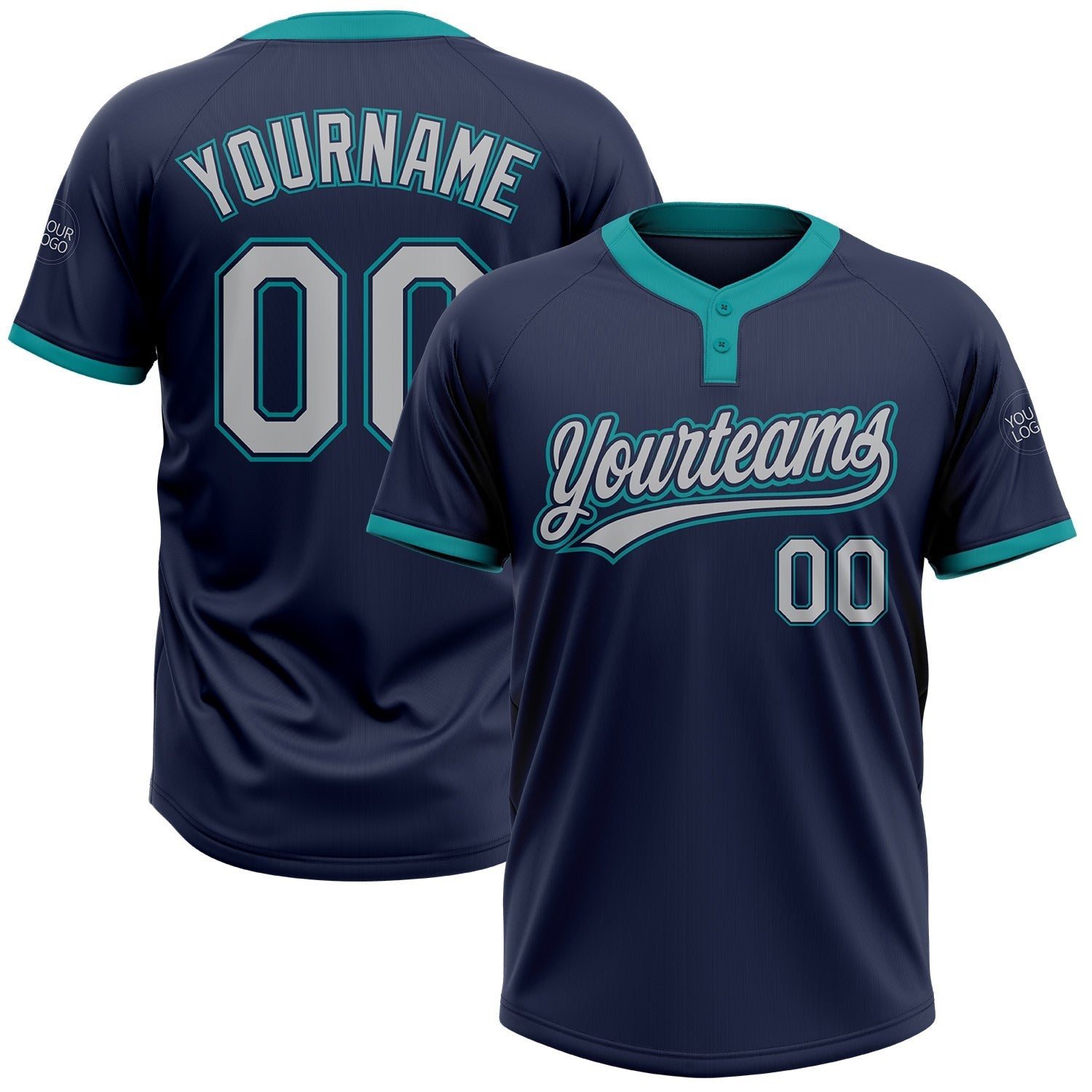Custom Navy Gray-Teal Two-Button Unisex Softball Jersey photo 1