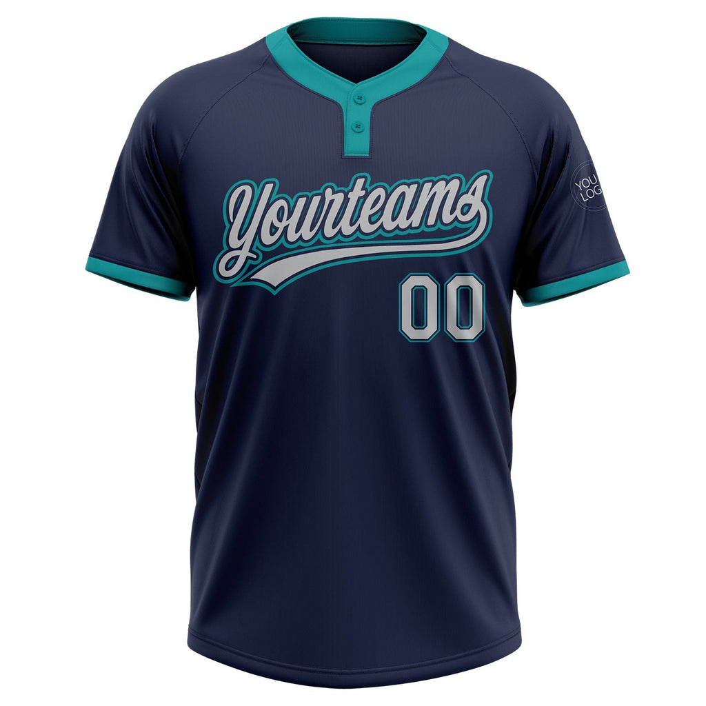 Custom Navy Gray-Teal Two-Button Unisex Softball Jersey photo 2