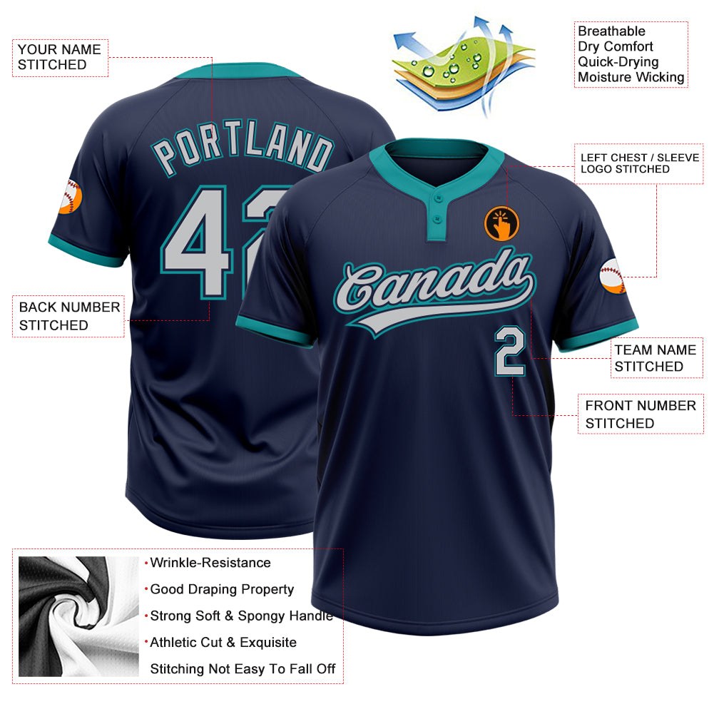 Custom Navy Gray-Teal Two-Button Unisex Softball Jersey photo 3
