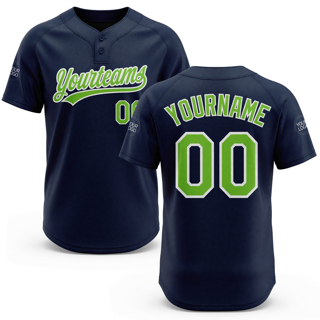 Custom Navy Neon Green-White Two-Button Unisex Softball Jersey