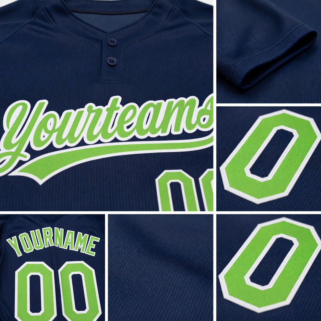 Custom Navy Neon Green-White Two-Button Unisex Softball Jersey detail