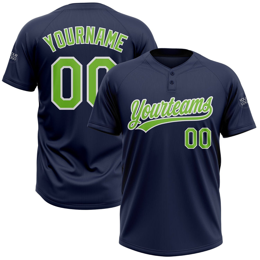 Custom Navy Neon Green-White Two-Button Unisex Softball Jersey photo 1