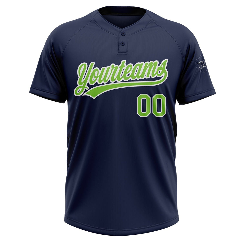 Custom Navy Neon Green-White Two-Button Unisex Softball Jersey photo 2