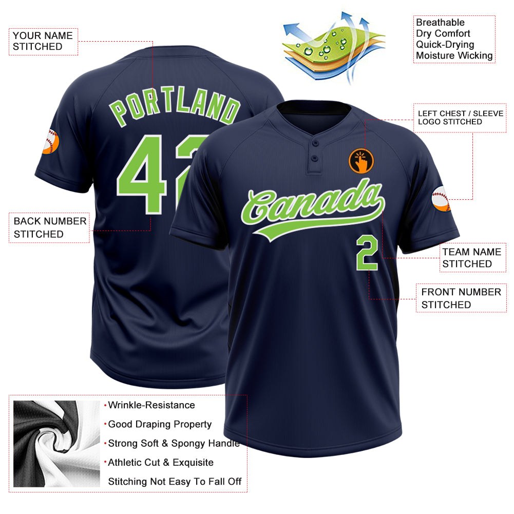 Custom Navy Neon Green-White Two-Button Unisex Softball Jersey photo 3