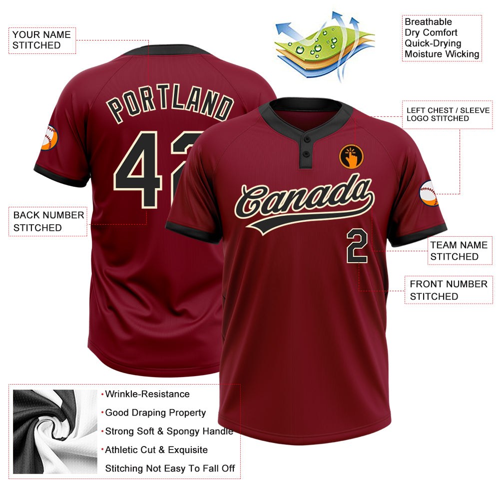Custom Crimson Black-Cream Two-Button Unisex Softball Jersey photo 3