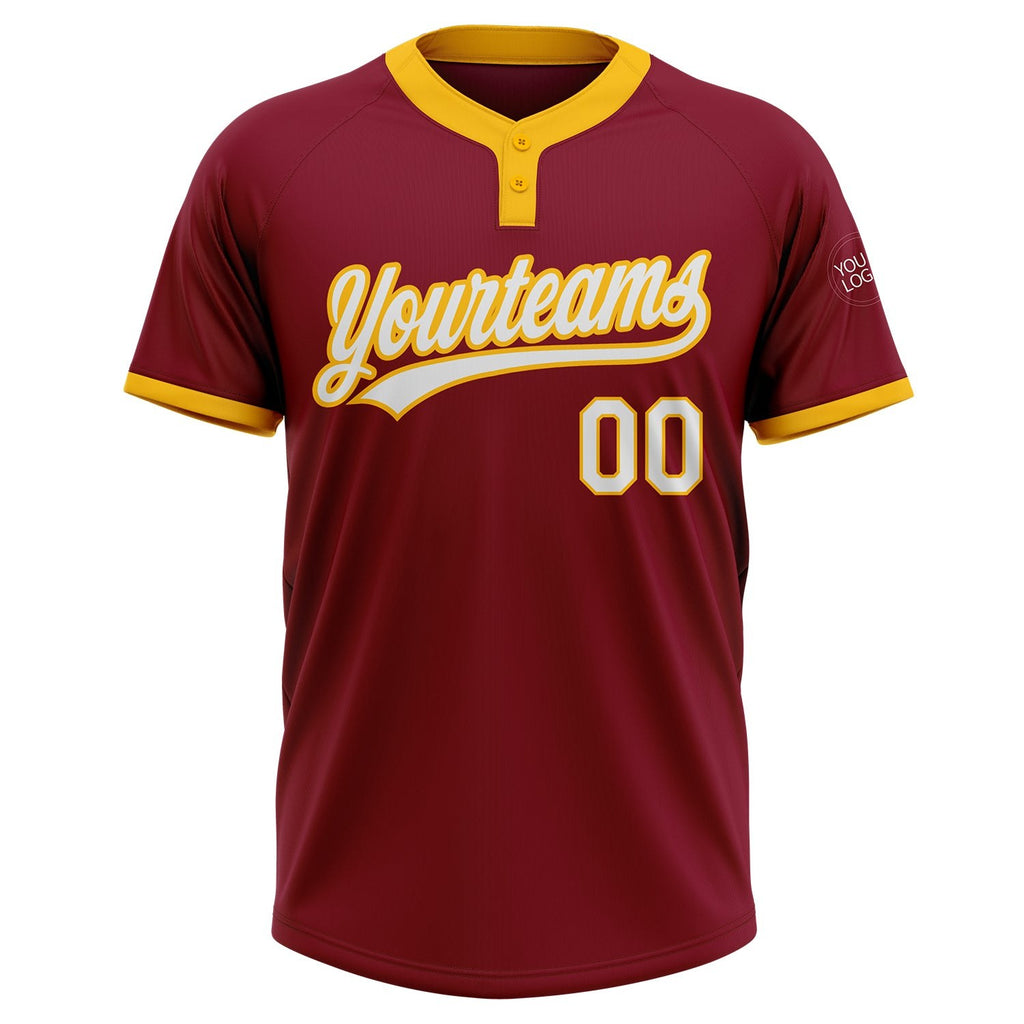 Custom Crimson White-Gold Two-Button Unisex Softball Jersey photo 2