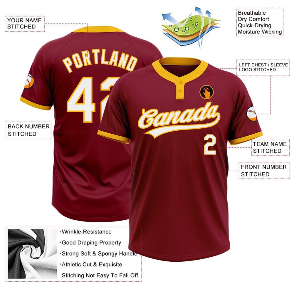 Custom Crimson White-Gold Two-Button Unisex Softball Jersey photo 3