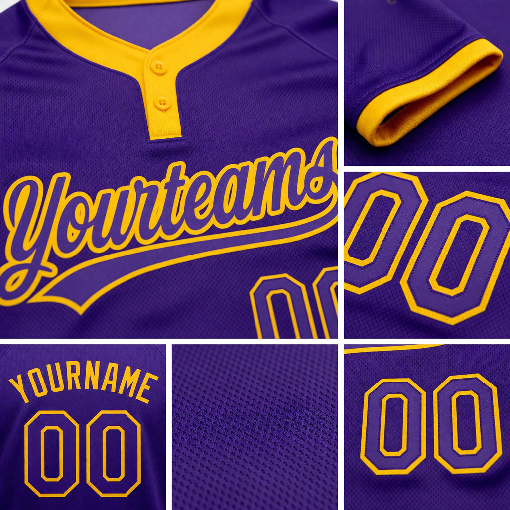 Custom Purple Purple-Gold Two-Button Unisex Softball Jersey detail