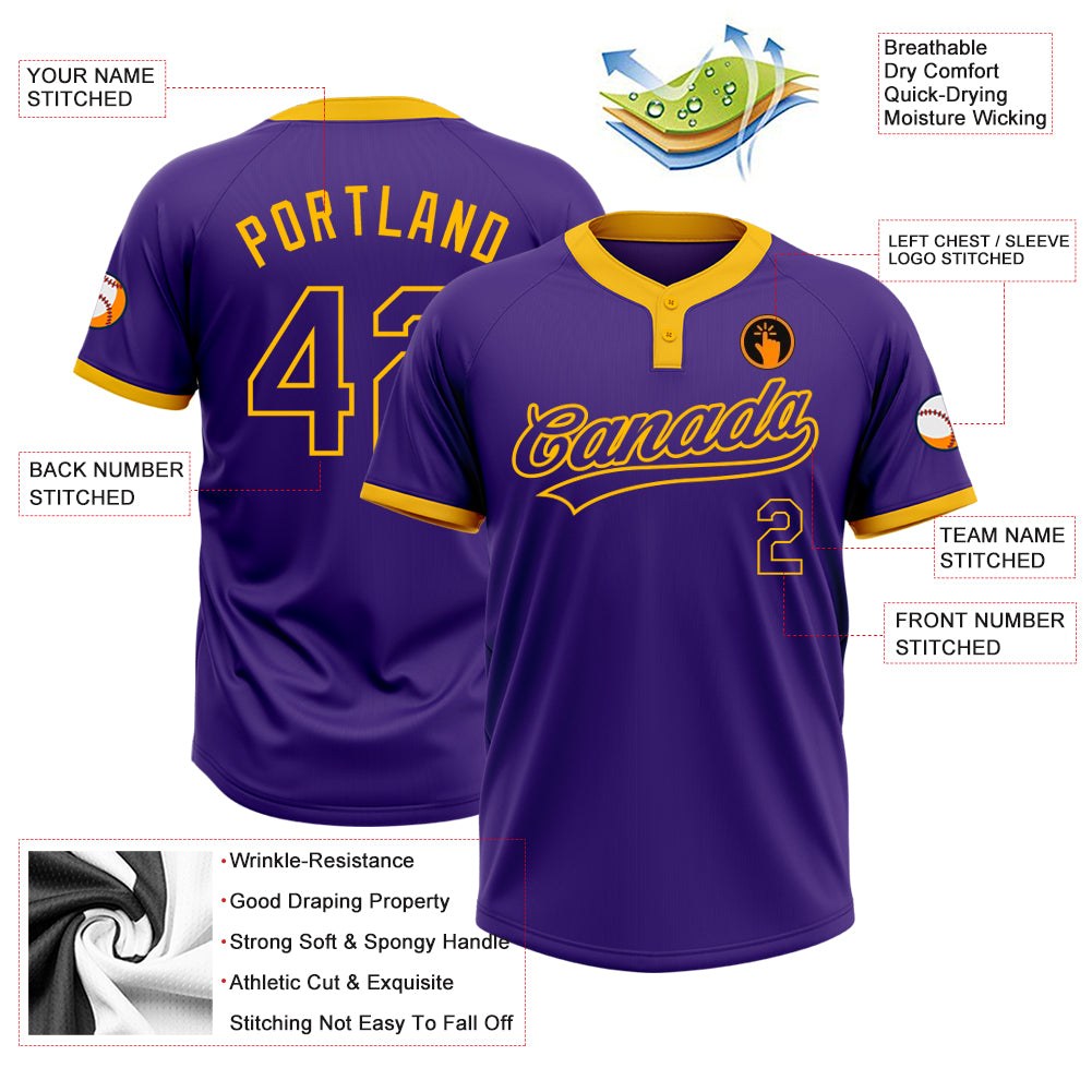 Custom Purple Purple-Gold Two-Button Unisex Softball Jersey photo 3