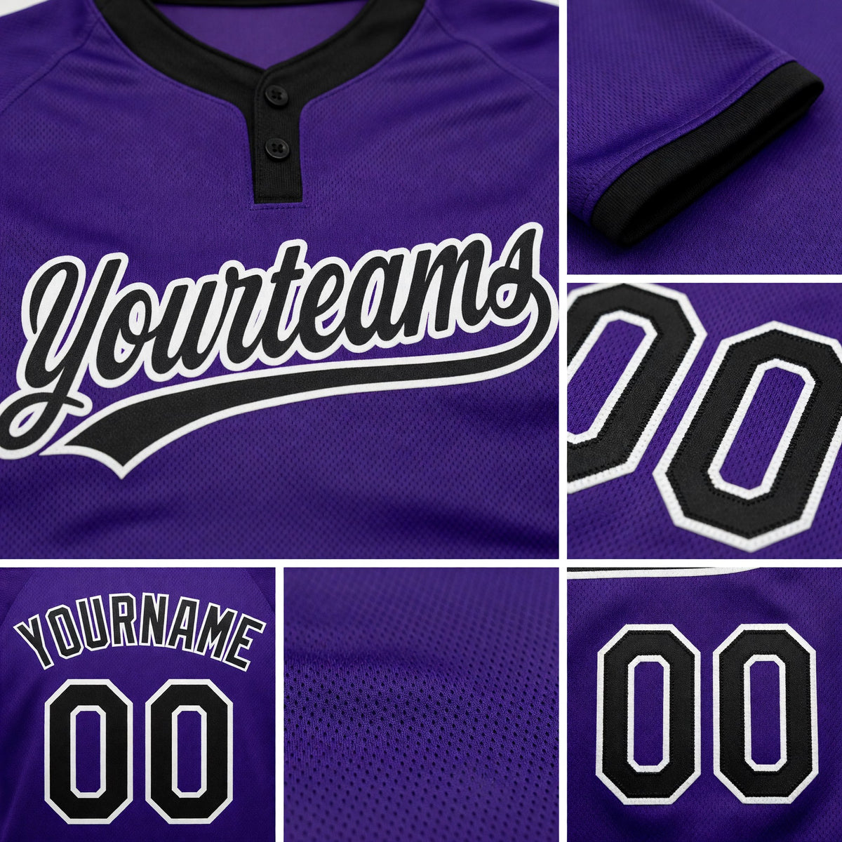 Custom Purple Black-White Two-Button Unisex Softball Jersey detail