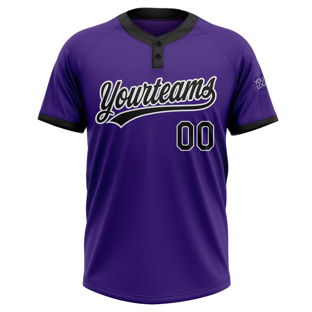 Custom Purple Black-White Two-Button Unisex Softball Jersey photo 2