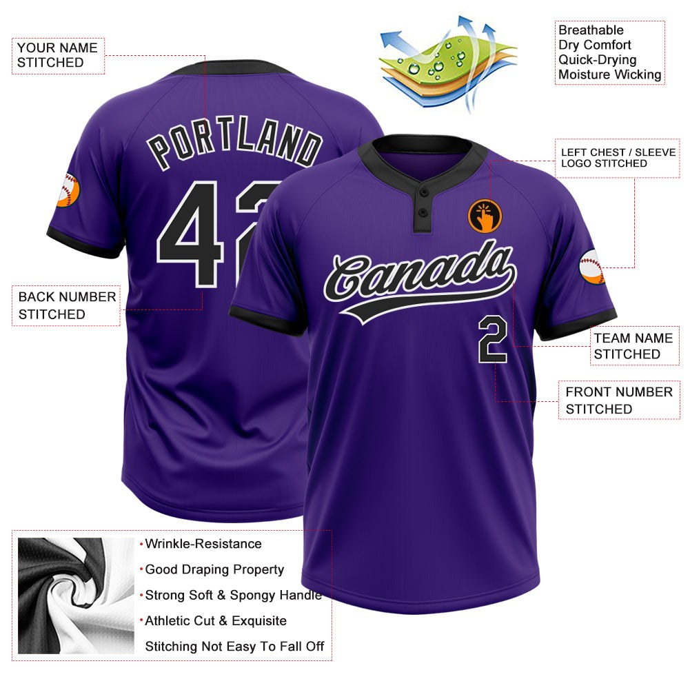 Custom Purple Black-White Two-Button Unisex Softball Jersey photo 3