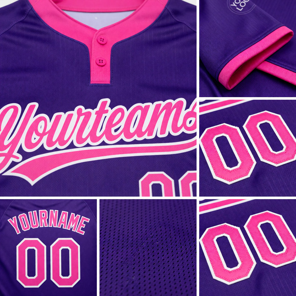Custom Purple Pink-White Two-Button Unisex Softball Jersey detail