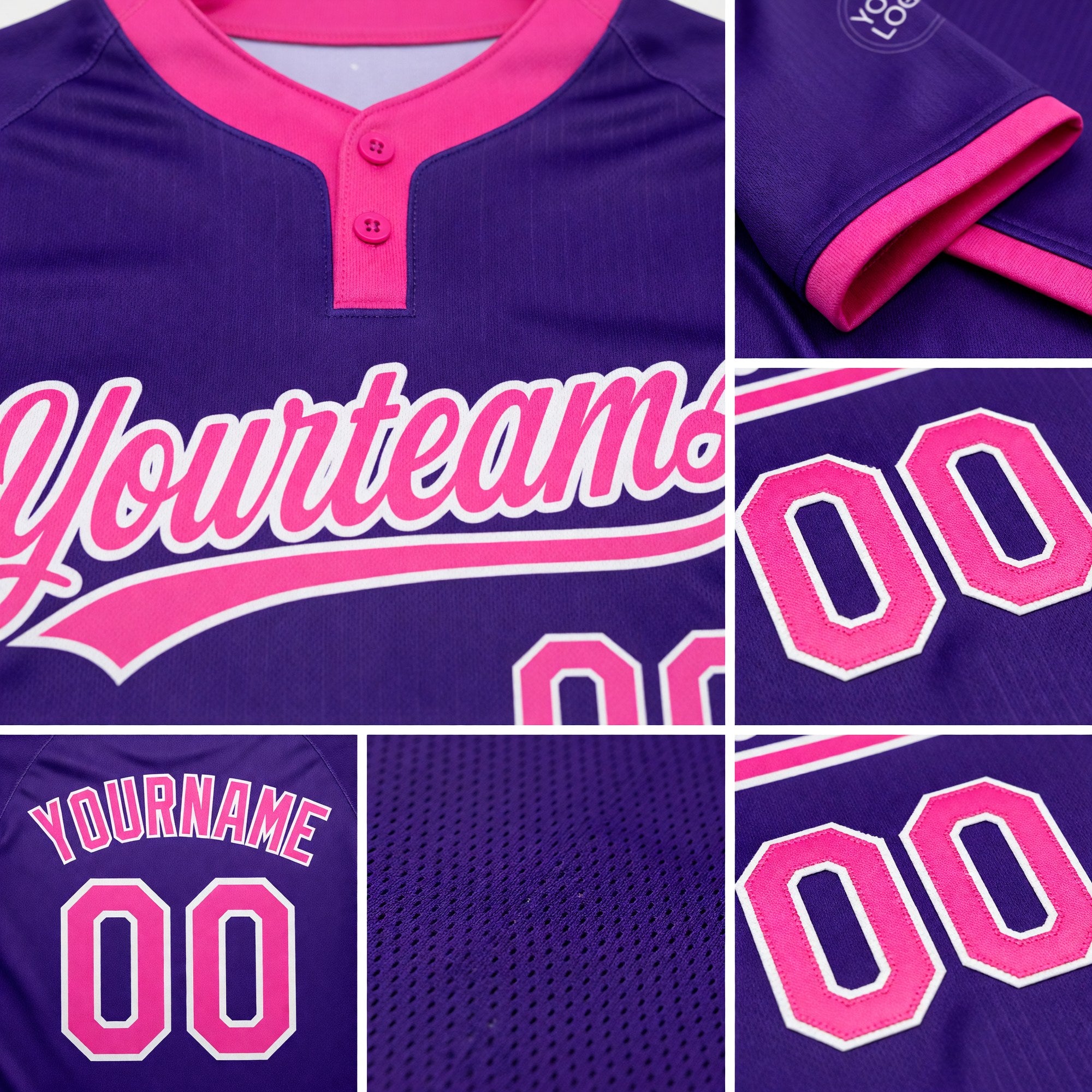 Custom Purple Pink-White Two-Button Unisex Softball Jersey detail