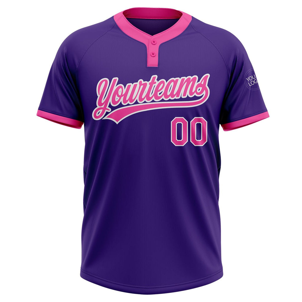 Custom Purple Pink-White Two-Button Unisex Softball Jersey photo 2