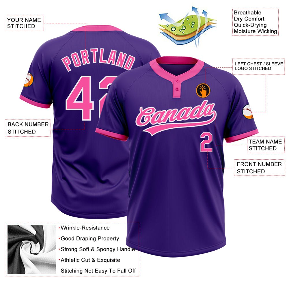Custom Purple Pink-White Two-Button Unisex Softball Jersey photo 3
