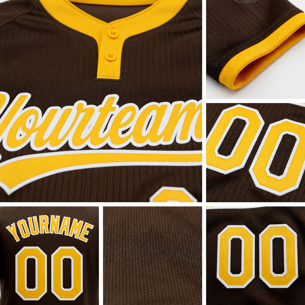 Custom Brown Gold-White Two-Button Unisex Softball Jersey detail