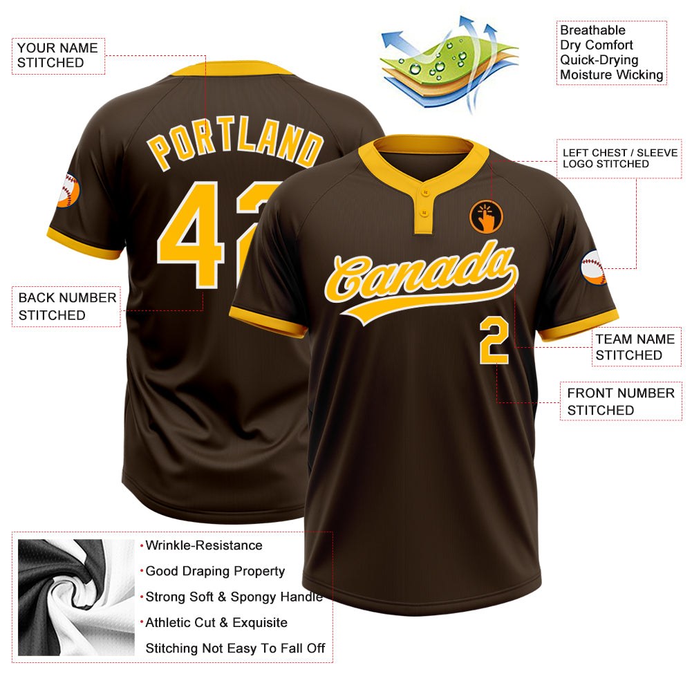 Custom Brown Gold-White Two-Button Unisex Softball Jersey photo 3