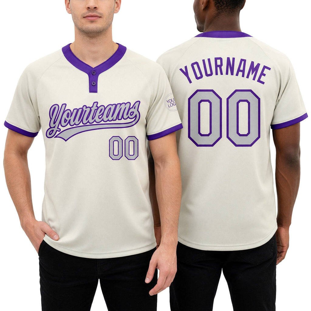 Custom Cream Gray-Purple Two-Button Unisex Softball Jersey worn front and back