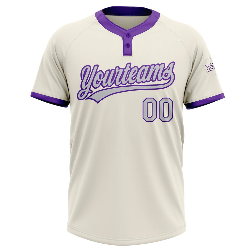 Custom Cream Gray-Purple Two-Button Unisex Softball Jersey photo 2