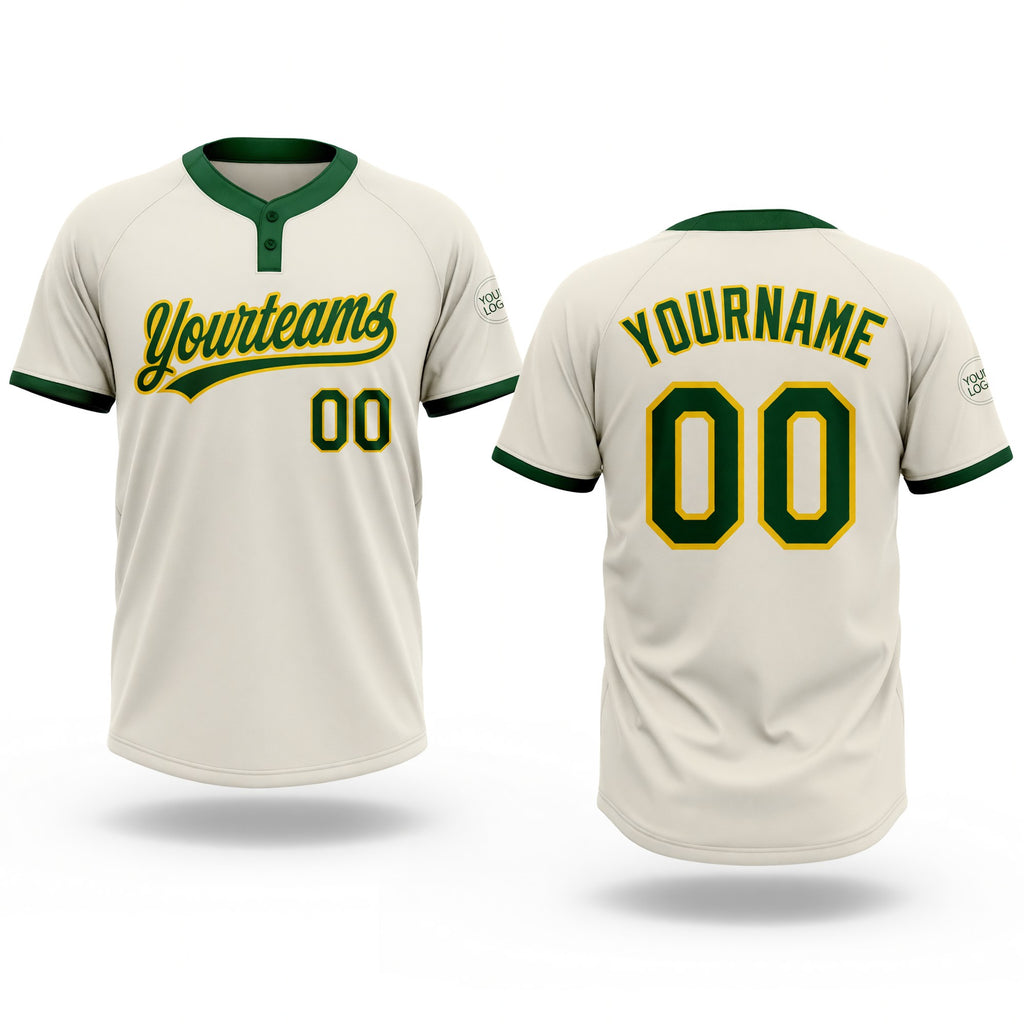 Custom Cream Green-Gold Two-Button Unisex Softball Jersey