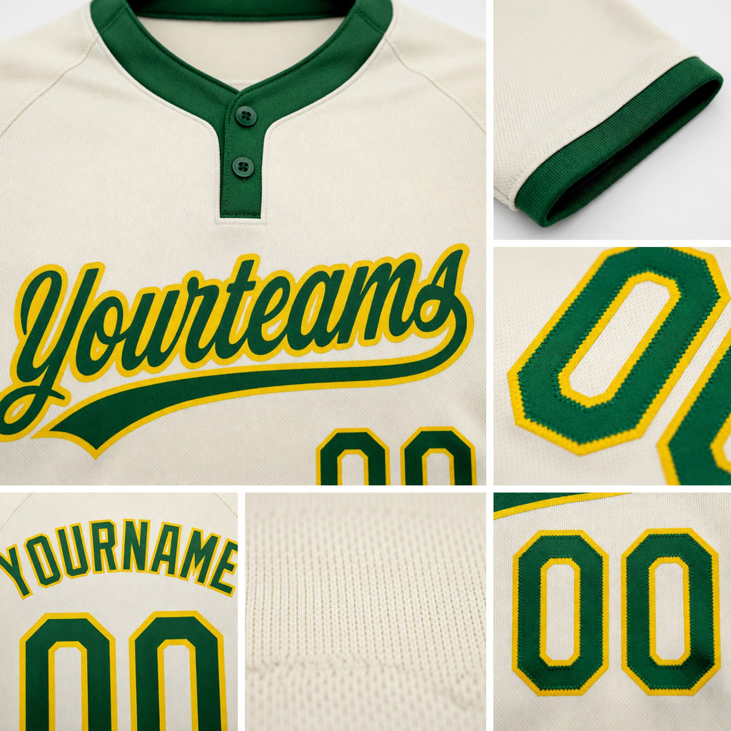 Custom Cream Green-Gold Two-Button Unisex Softball Jersey detail