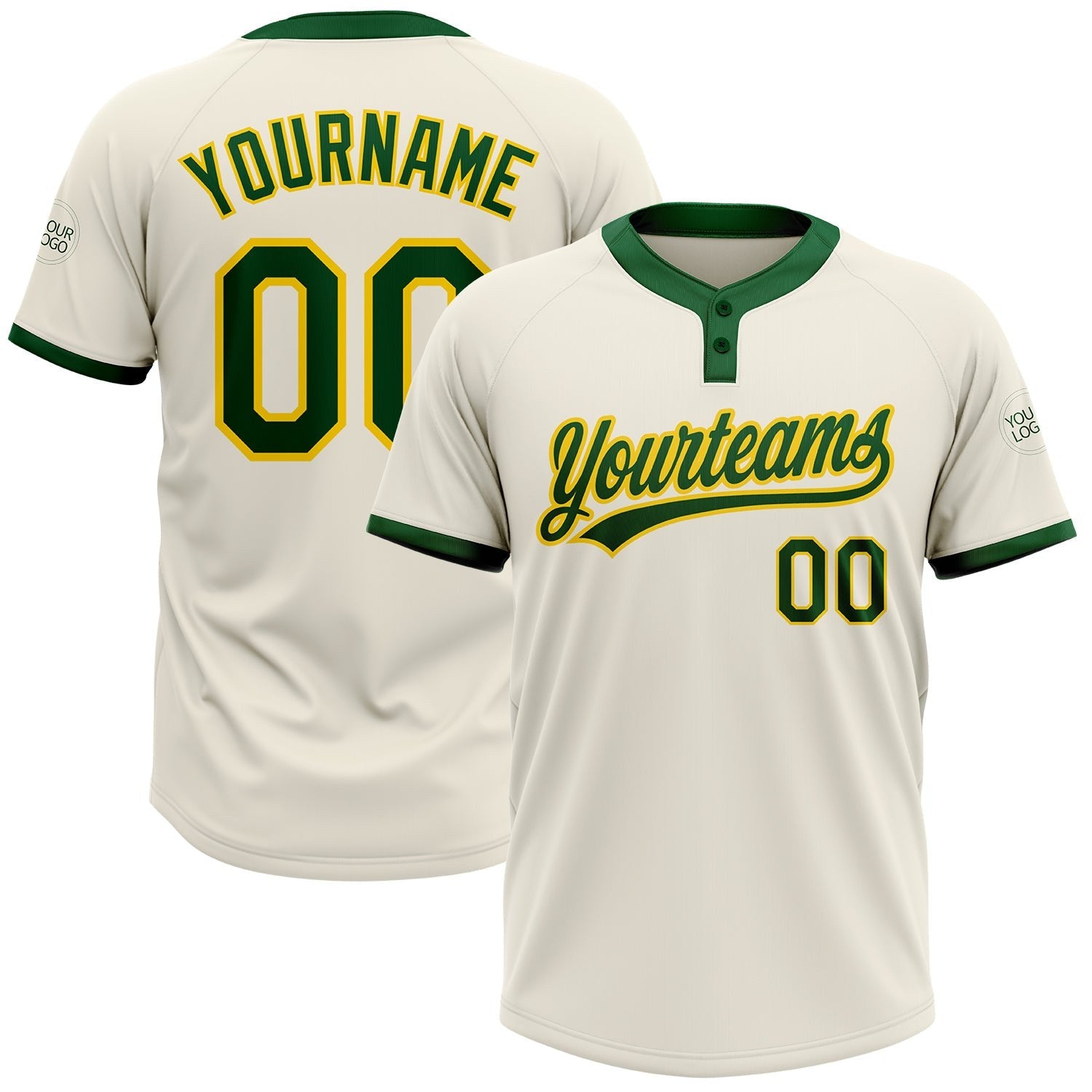 Custom Cream Green-Gold Two-Button Unisex Softball Jersey photo 1