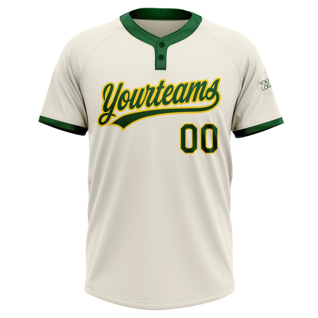 Custom Cream Green-Gold Two-Button Unisex Softball Jersey photo 2