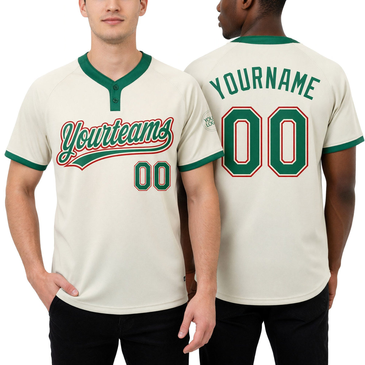 Custom Cream Kelly Green-Red Two-Button Unisex Softball Jersey worn front and back