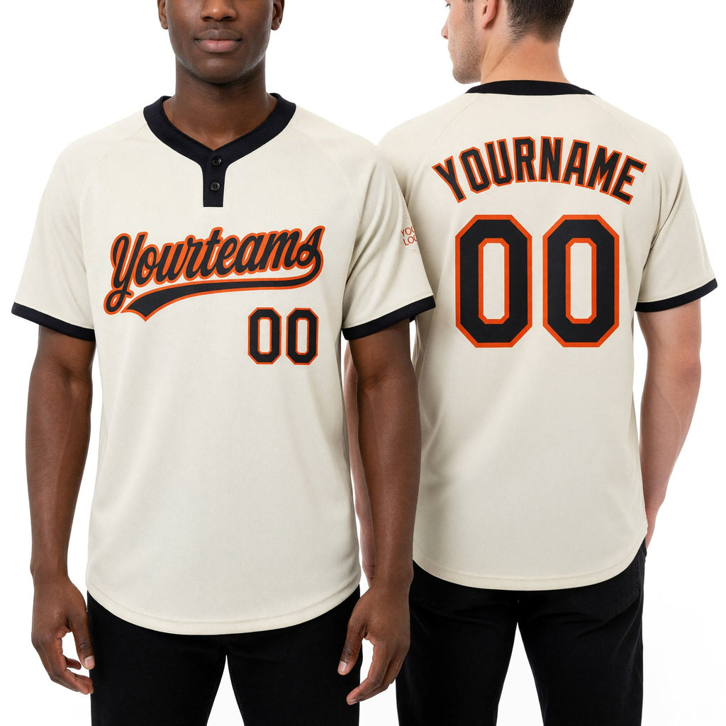 Custom Cream Black-Orange Two-Button Unisex Softball Jersey worn front and back