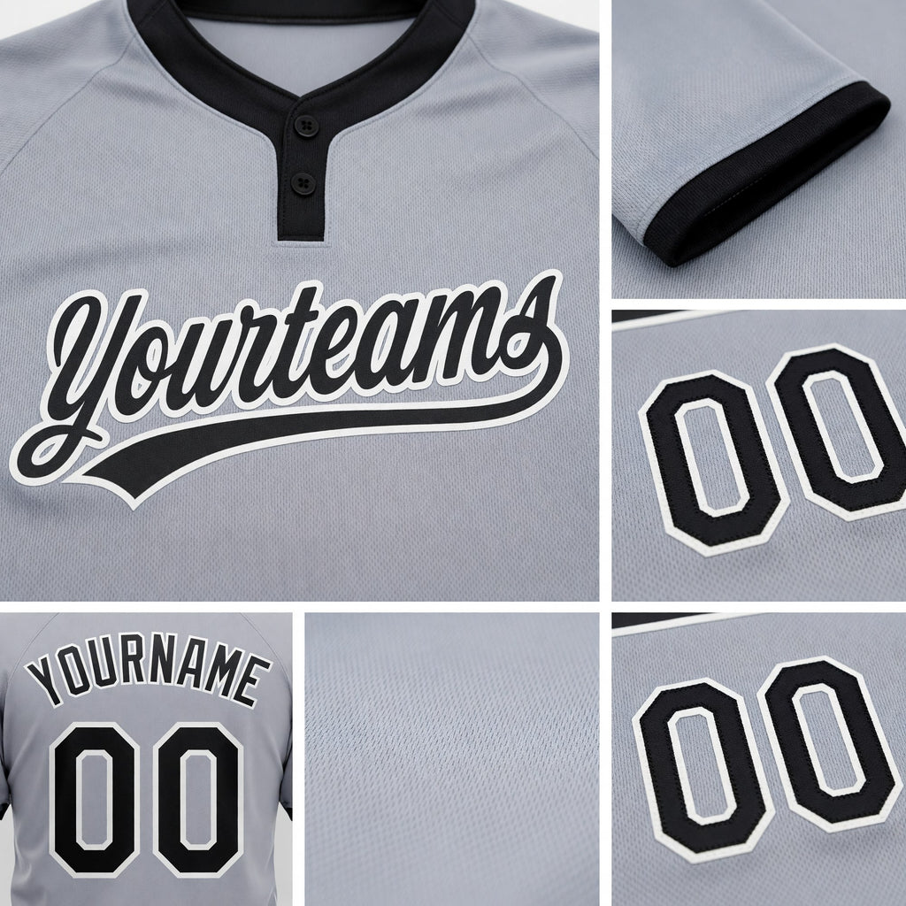 Custom Gray Black-White Two-Button Unisex Softball Jersey detail