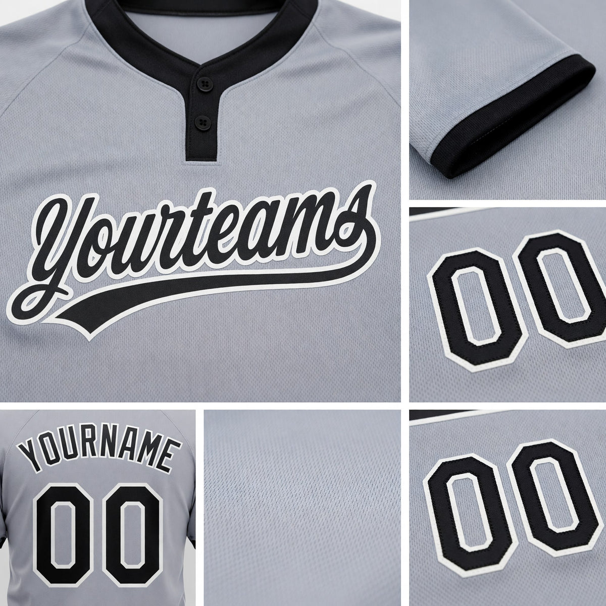 Custom Gray Black-White Two-Button Unisex Softball Jersey detail