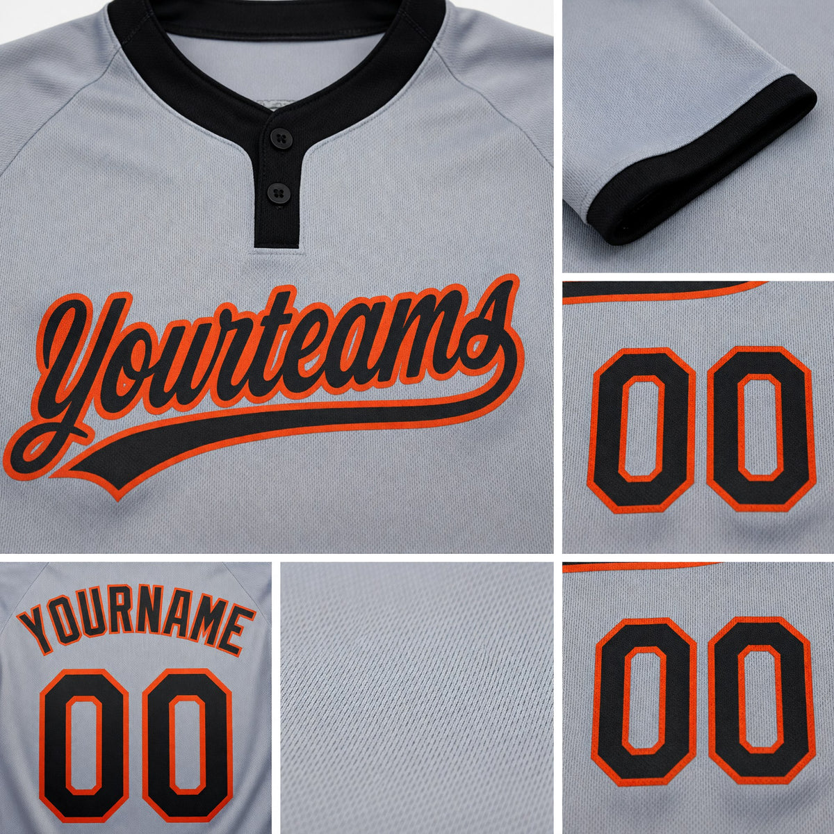 Custom Gray Black-Orange Two-Button Unisex Softball Jersey detail