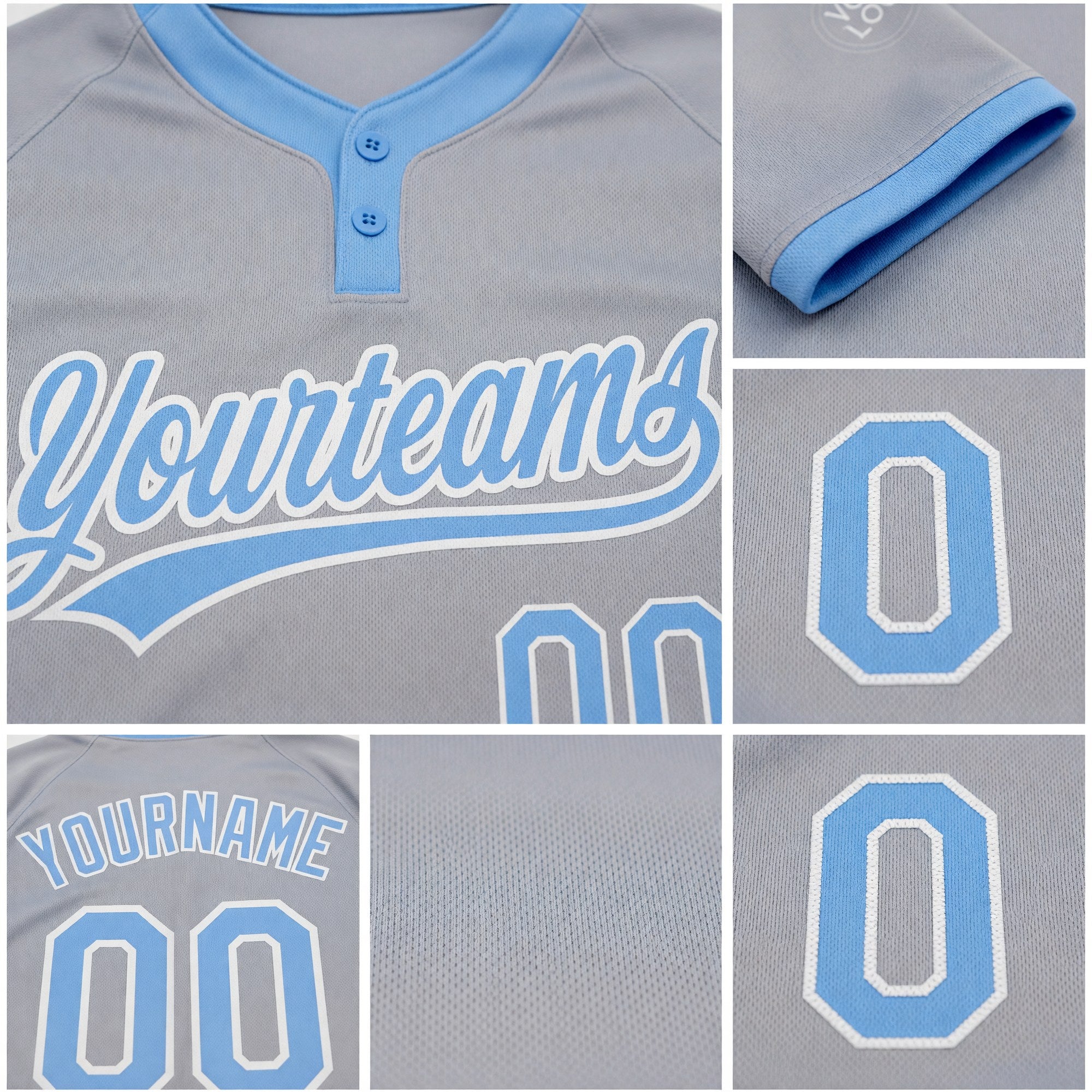 Custom Gray Light Blue-White Two-Button Unisex Softball Jersey detail