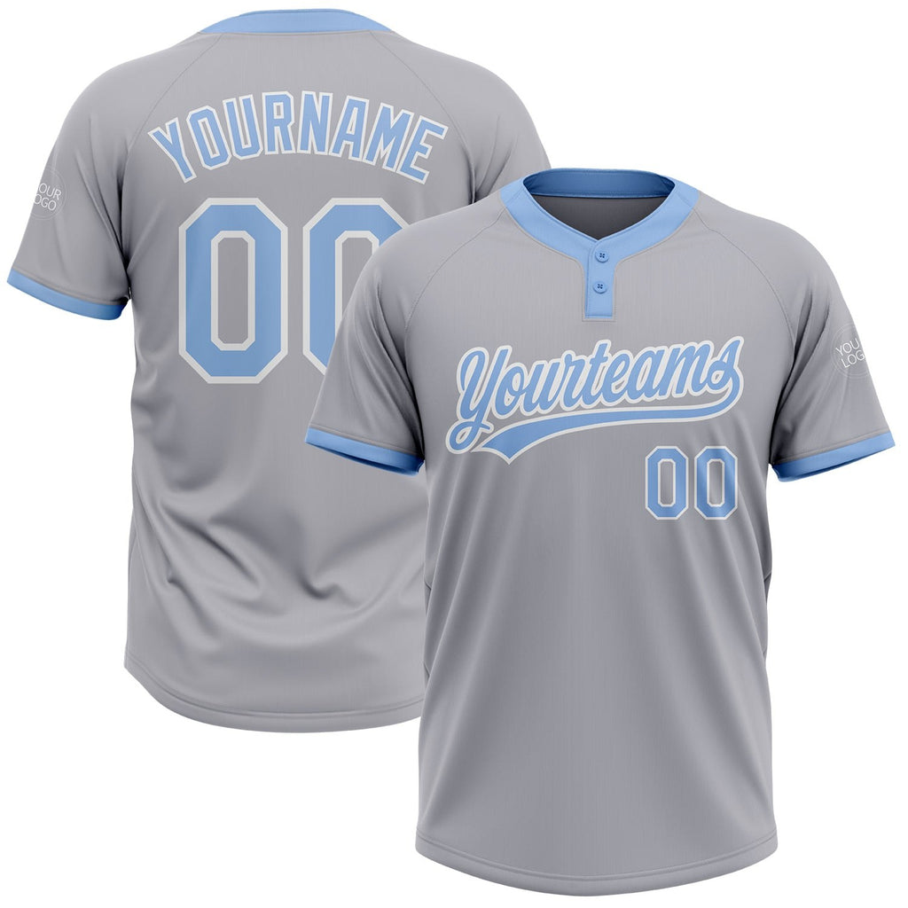 Custom Gray Light Blue-White Two-Button Unisex Softball Jersey photo 1