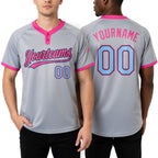 Custom Gray Light Blue Black-Pink Two-Button Unisex Softball Jersey worn front and back