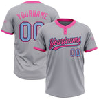 Custom Gray Light Blue Black-Pink Two-Button Unisex Softball Jersey