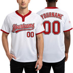 Custom White Red-Black Two-Button Unisex Softball Jersey worn front and back