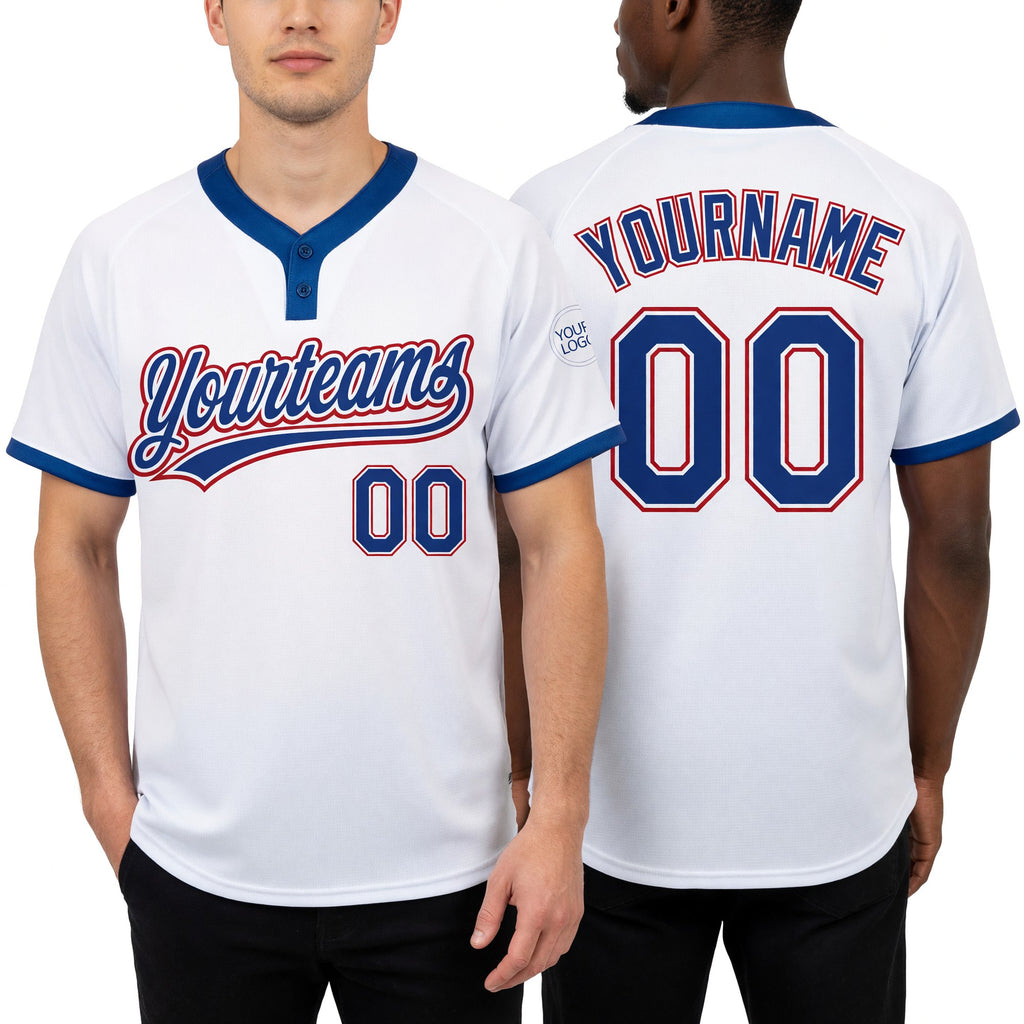 Custom White Royal-Red Two-Button Unisex Softball Jersey worn front and back