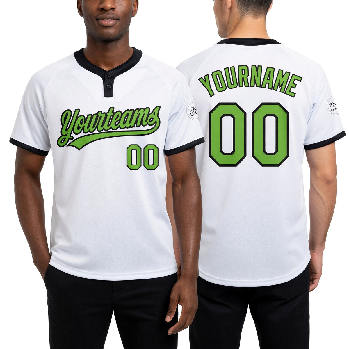 Custom White Neon Green-Black Two-Button Unisex Softball Jersey worn front and back