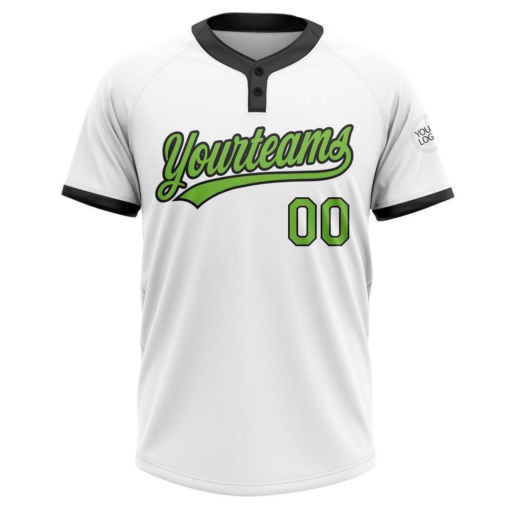 Custom White Neon Green-Black Two-Button Unisex Softball Jersey photo 2