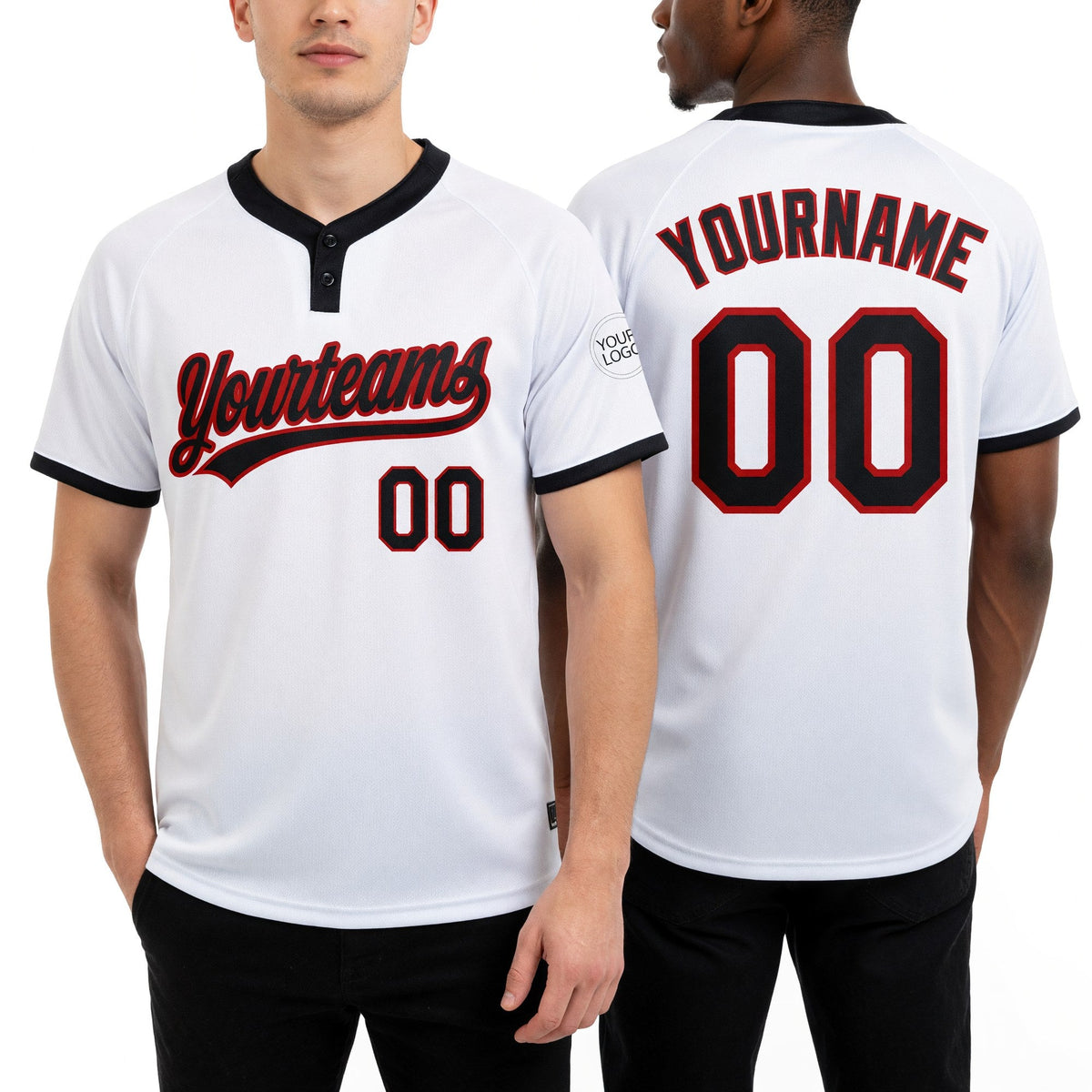 Custom White Black-Red Two-Button Unisex Softball Jersey worn front and back