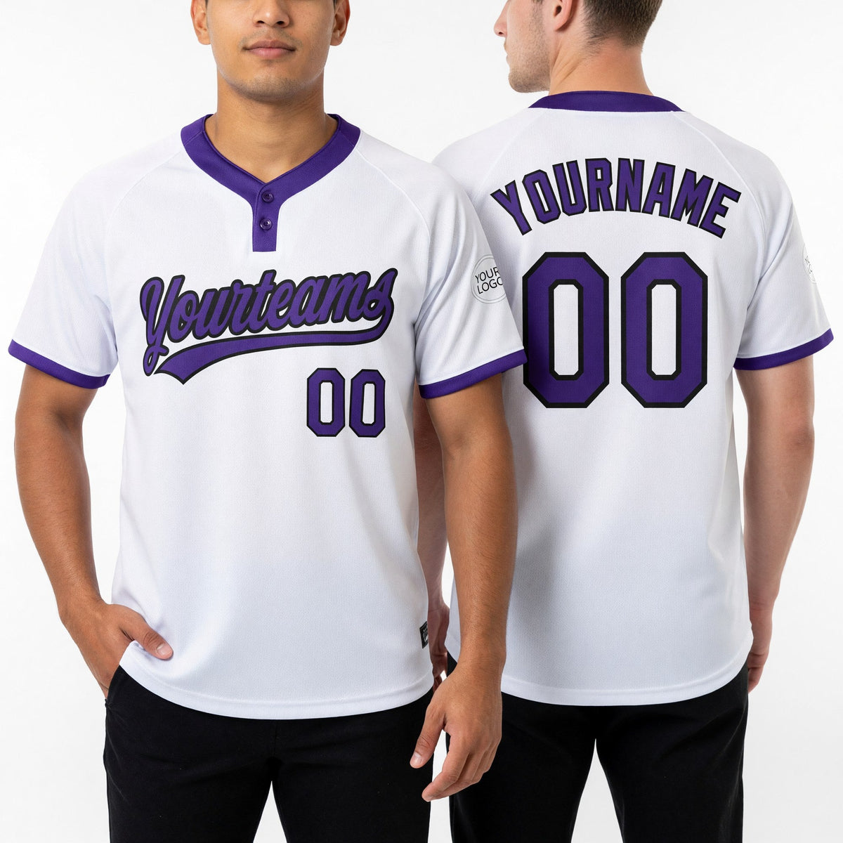 Custom White Purple-Black Two-Button Unisex Softball Jersey worn front and back
