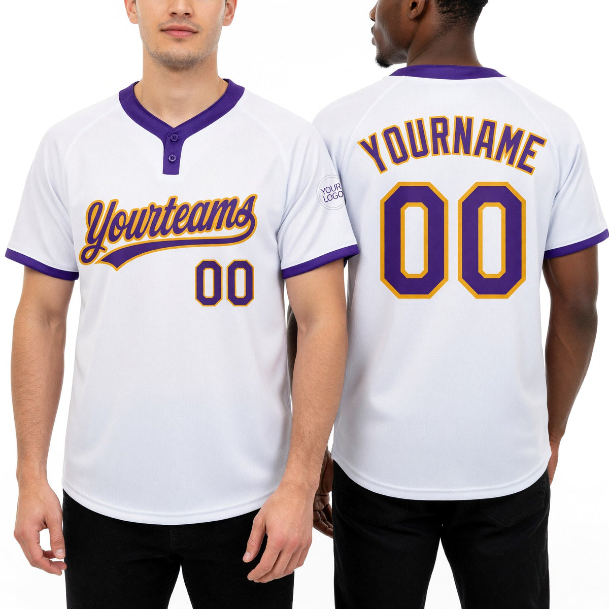 Custom White Purple-Gold Two-Button Unisex Softball Jersey worn front and back
