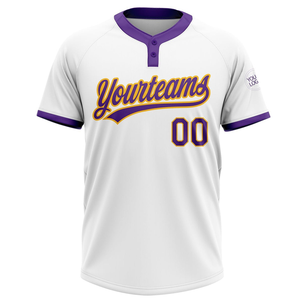 Custom White Purple-Gold Two-Button Unisex Softball Jersey photo 2