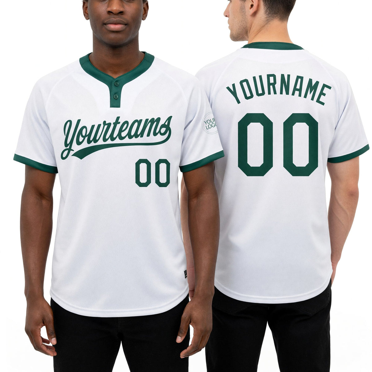 Custom White Kelly Green Two-Button Unisex Softball Jersey worn front and back