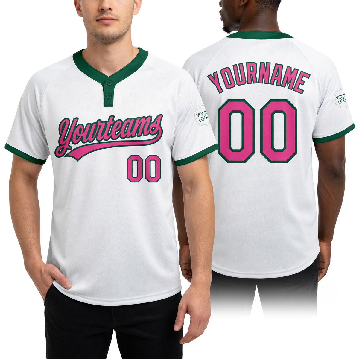 Custom White Pink-Kelly Green Two-Button Unisex Softball Jersey worn front and back